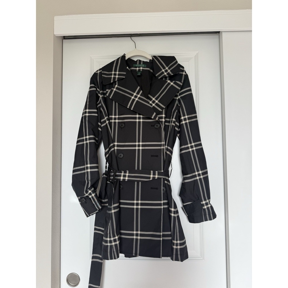Lauren Ralph Lauren Double Breasted Trenchcoat Jacket‎ Womens SZ XL Black Plaid